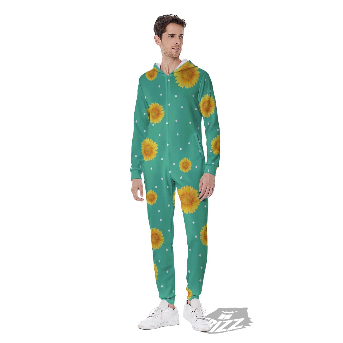 Polka Dot Sunflower Print Pattern Men's Jumpsuit-grizzshop