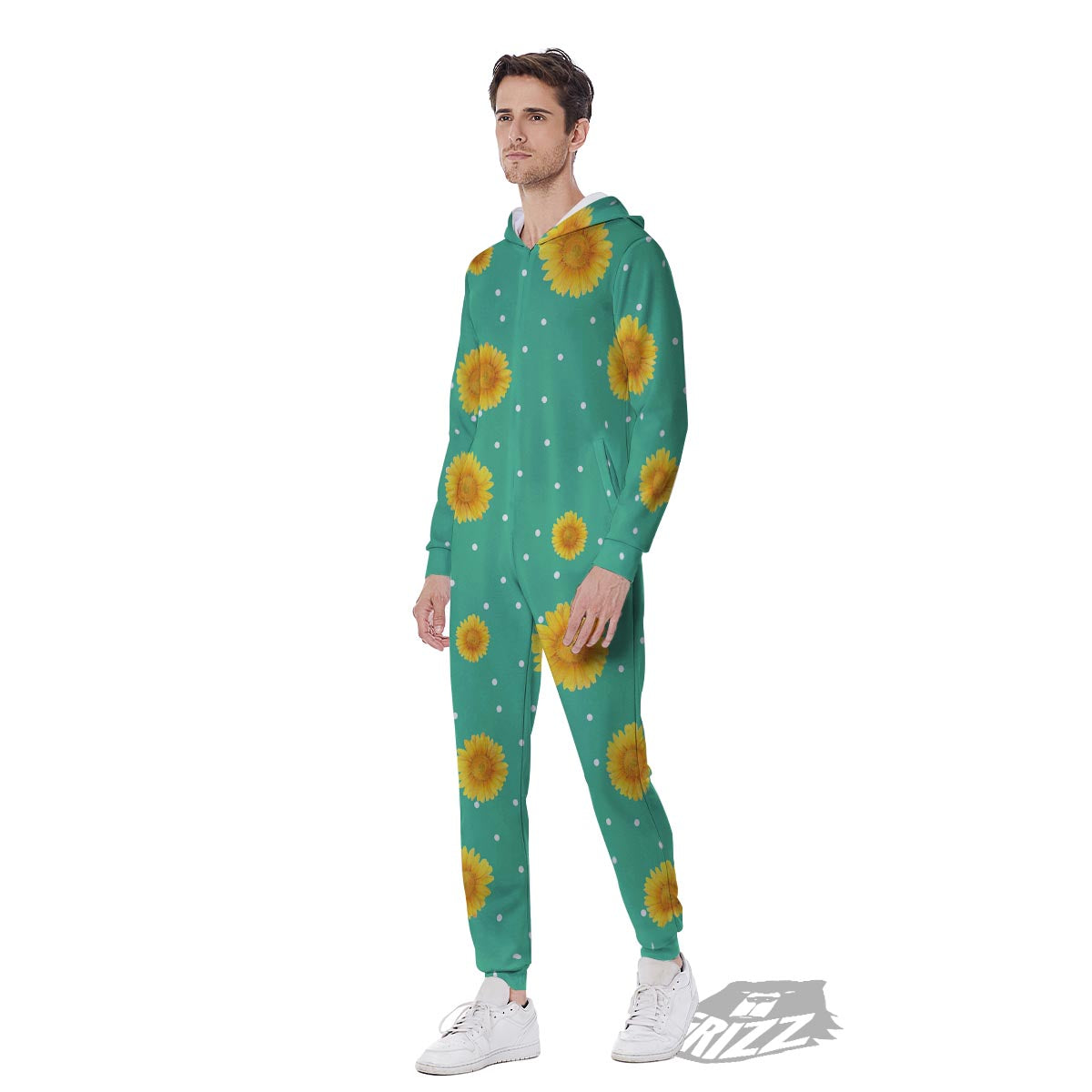Polka Dot Sunflower Print Pattern Men's Jumpsuit-grizzshop