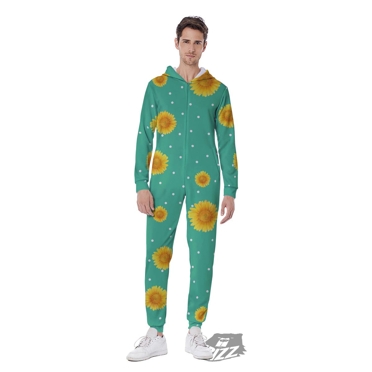 Polka Dot Sunflower Print Pattern Men's Jumpsuit-grizzshop