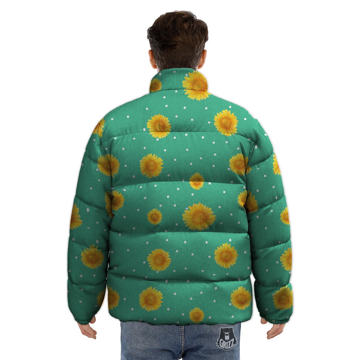 Polka Dot Sunflower Print Pattern Puffer Jacket-grizzshop