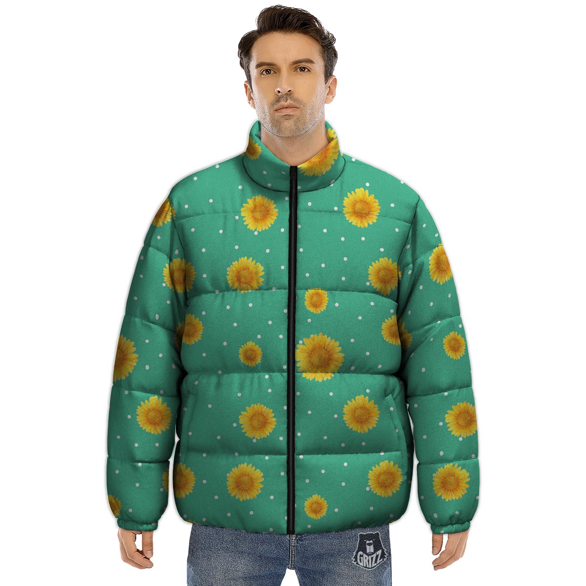 Polka Dot Sunflower Print Pattern Puffer Jacket-grizzshop