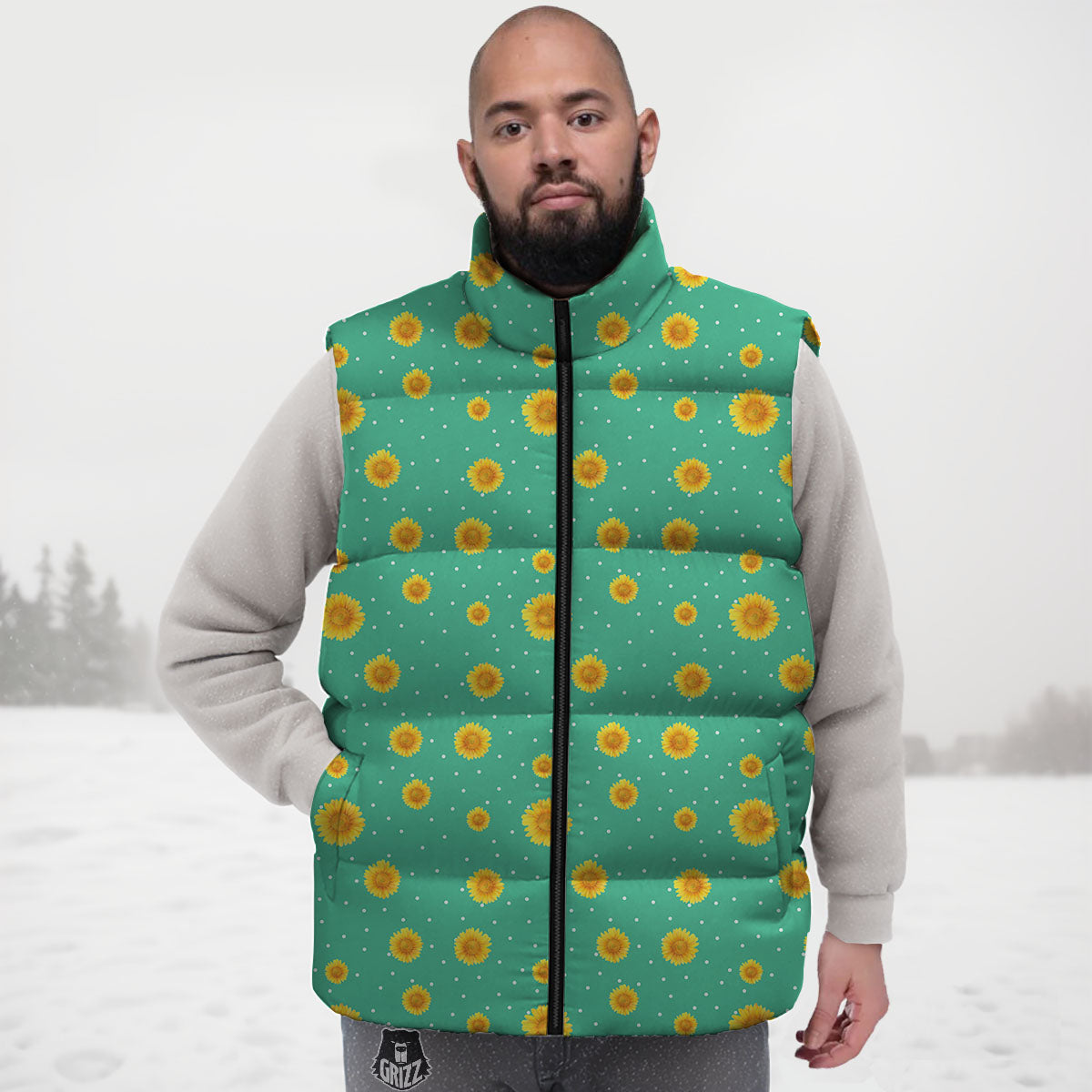 Polka Dot Sunflower Watercolor Print Pattern Down Vest