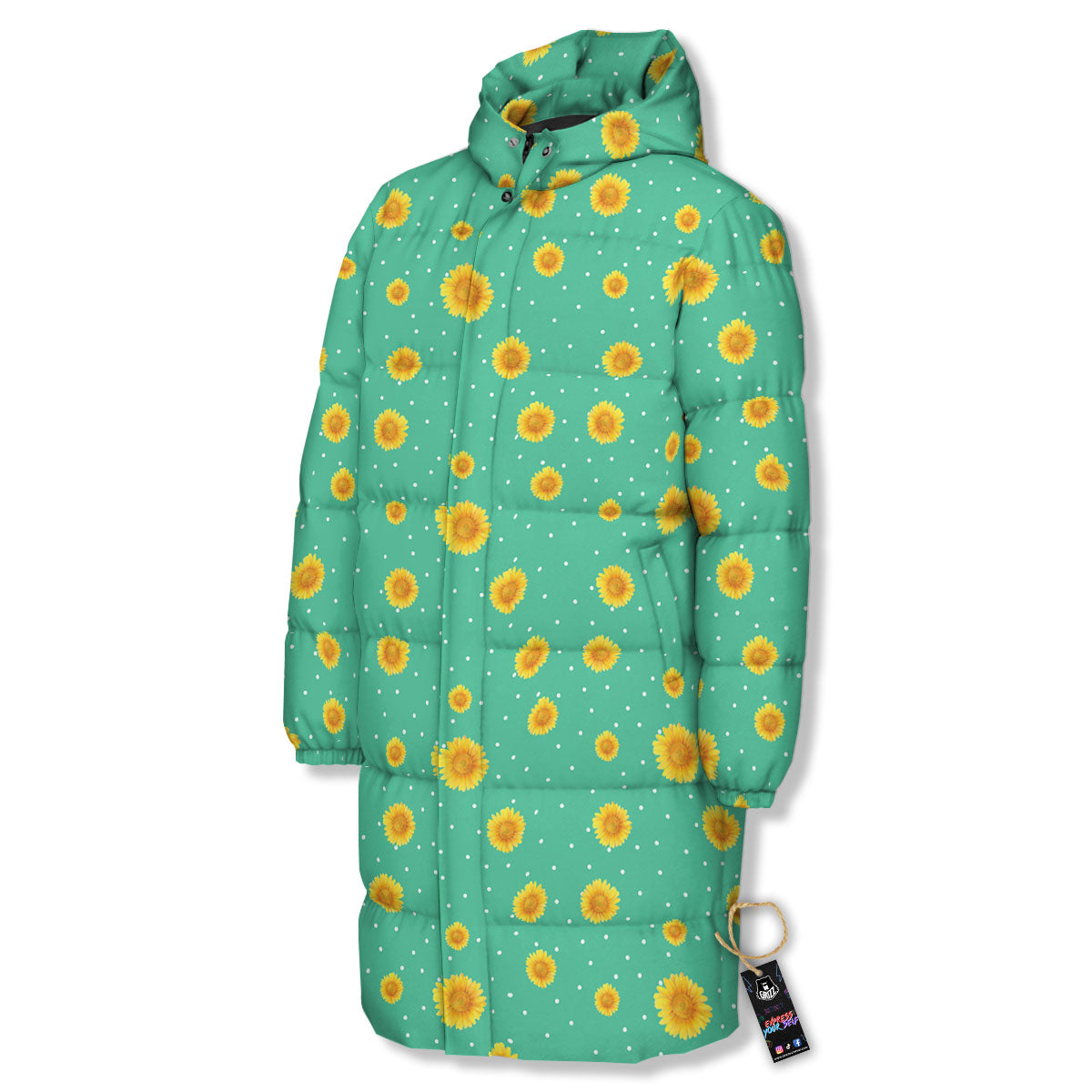 Polka Dot Sunflower Watercolor Print Pattern Long Down Jacket-grizzshop