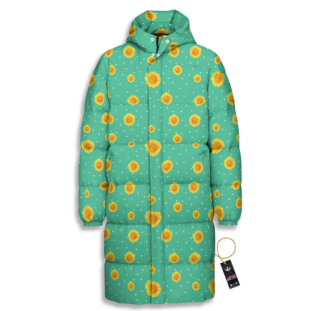 Polka Dot Sunflower Watercolor Print Pattern Long Down Jacket-grizzshop