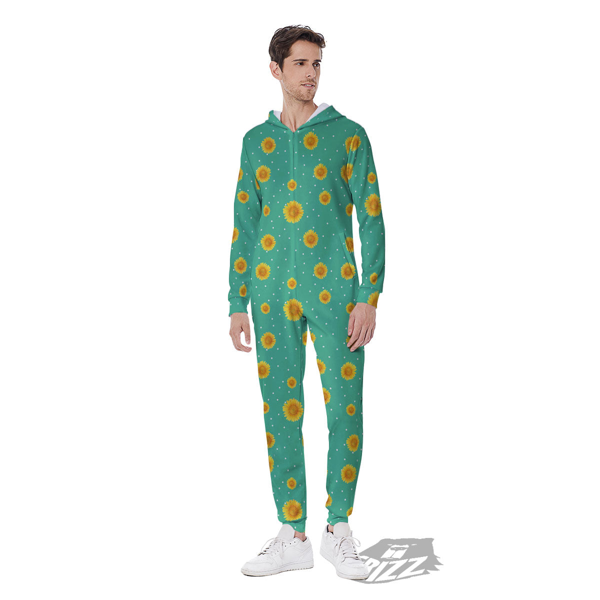 Polka Dot Sunflower Watercolor Print Pattern Men's Jumpsuit-grizzshop