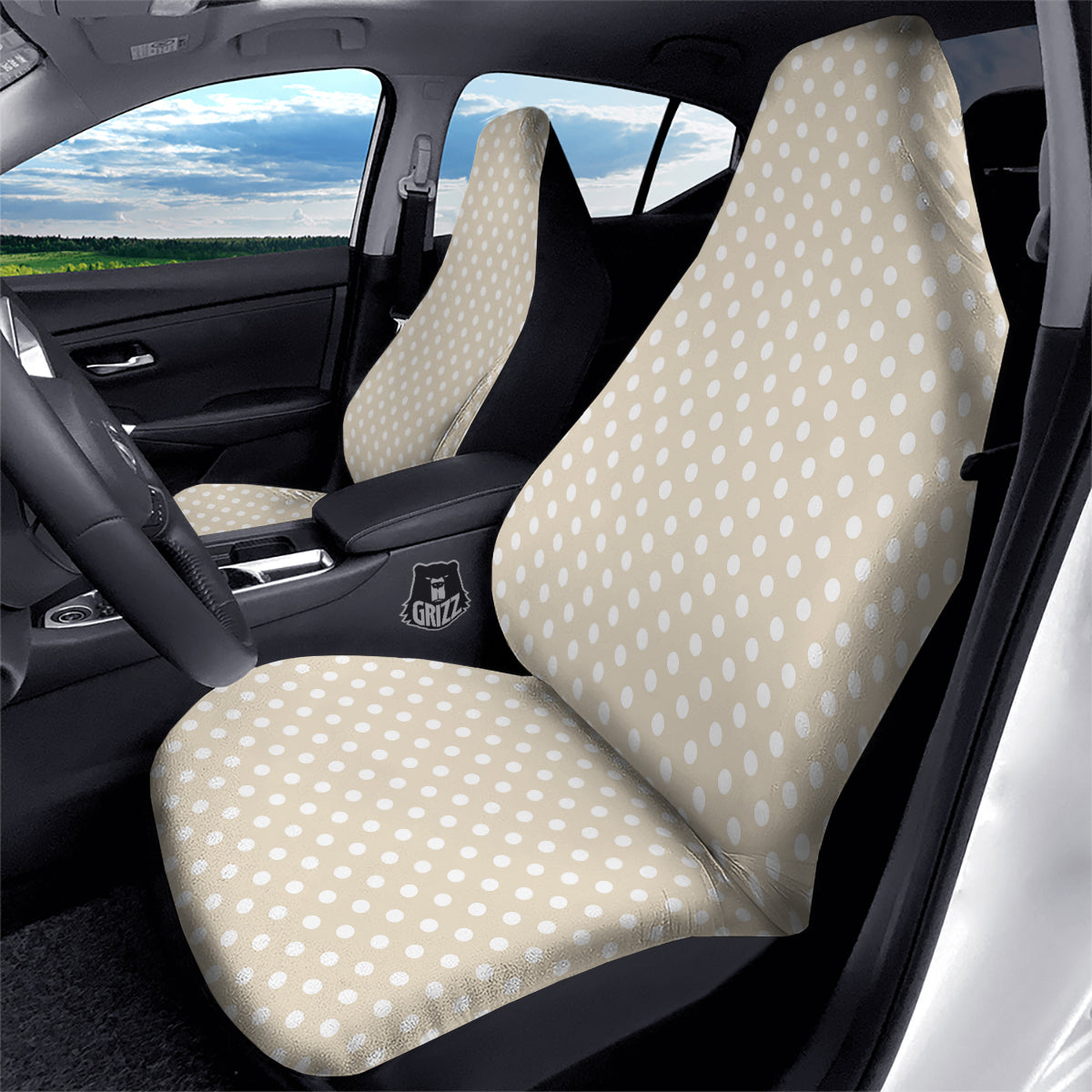 Polka Dot White And Beige Print Pattern Car Seat Covers-grizzshop