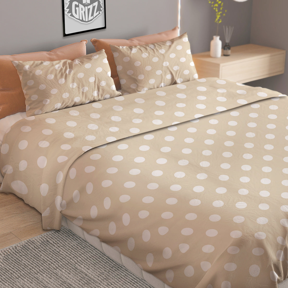 Polka Dot White And Beige Print Pattern Duvet Cover Bedding Set