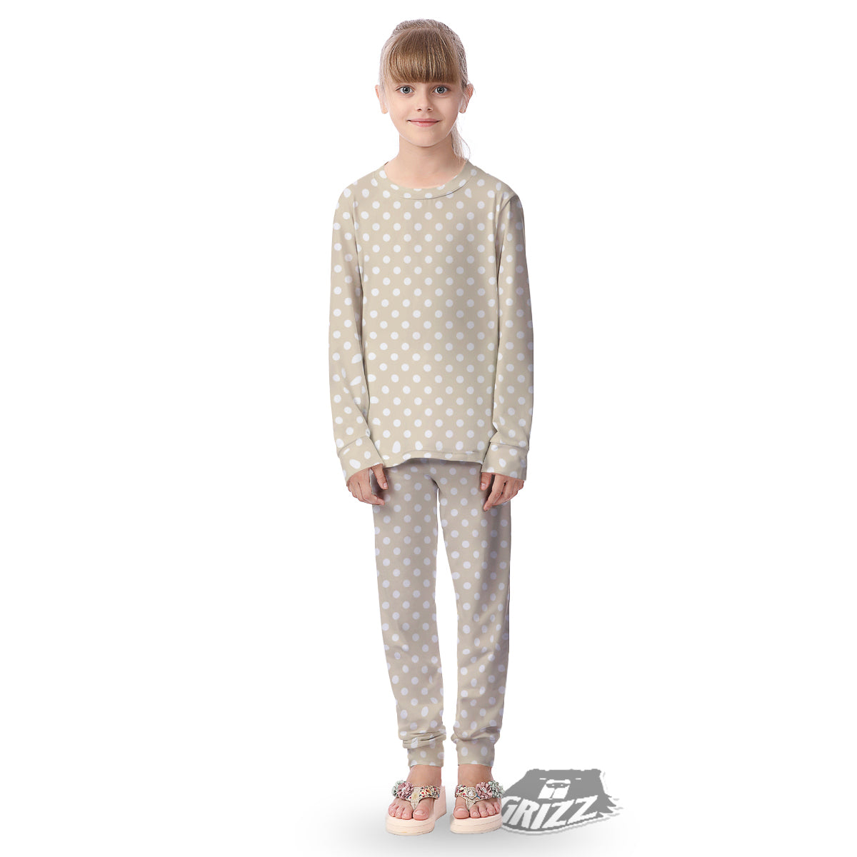 Polka Dot White And Beige Print Pattern Kid's Pajamas-grizzshop