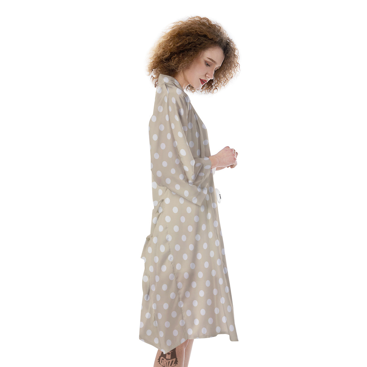 Polka Dot White And Beige Print Pattern Kimono-grizzshop