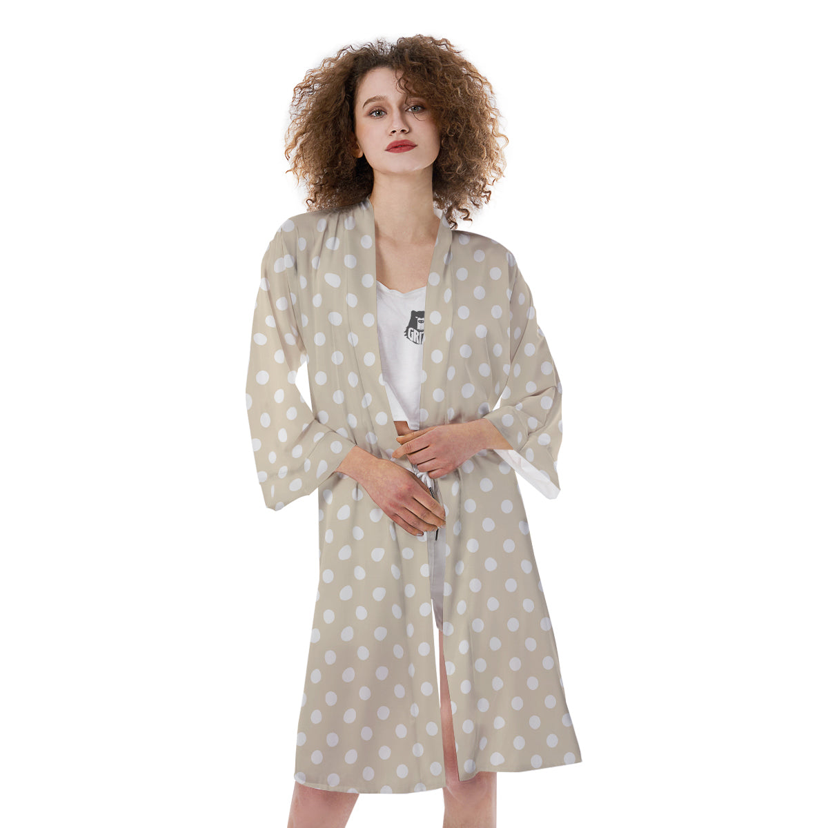 Polka Dot White And Beige Print Pattern Kimono-grizzshop