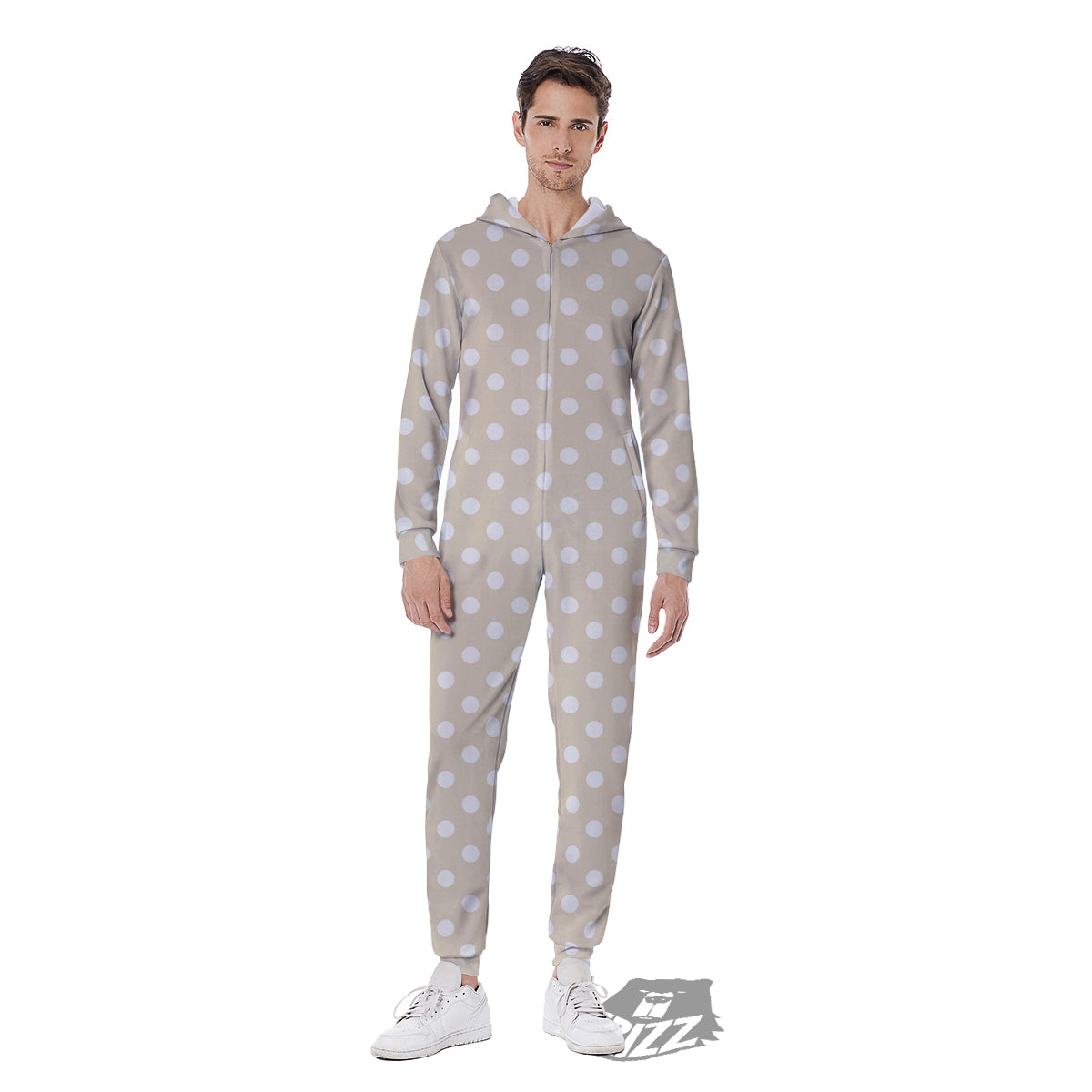 Polka Dot White And Beige Print Pattern Men's Jumpsuit-grizzshop