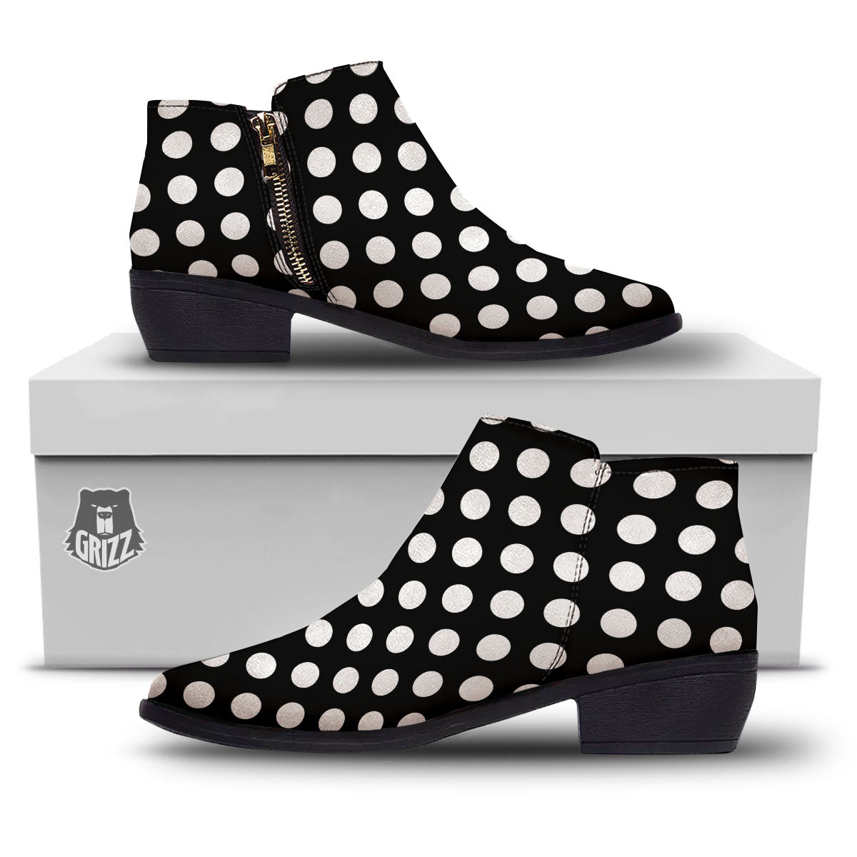 Polka Dot White And Black Print Pattern Ankle Boots-grizzshop
