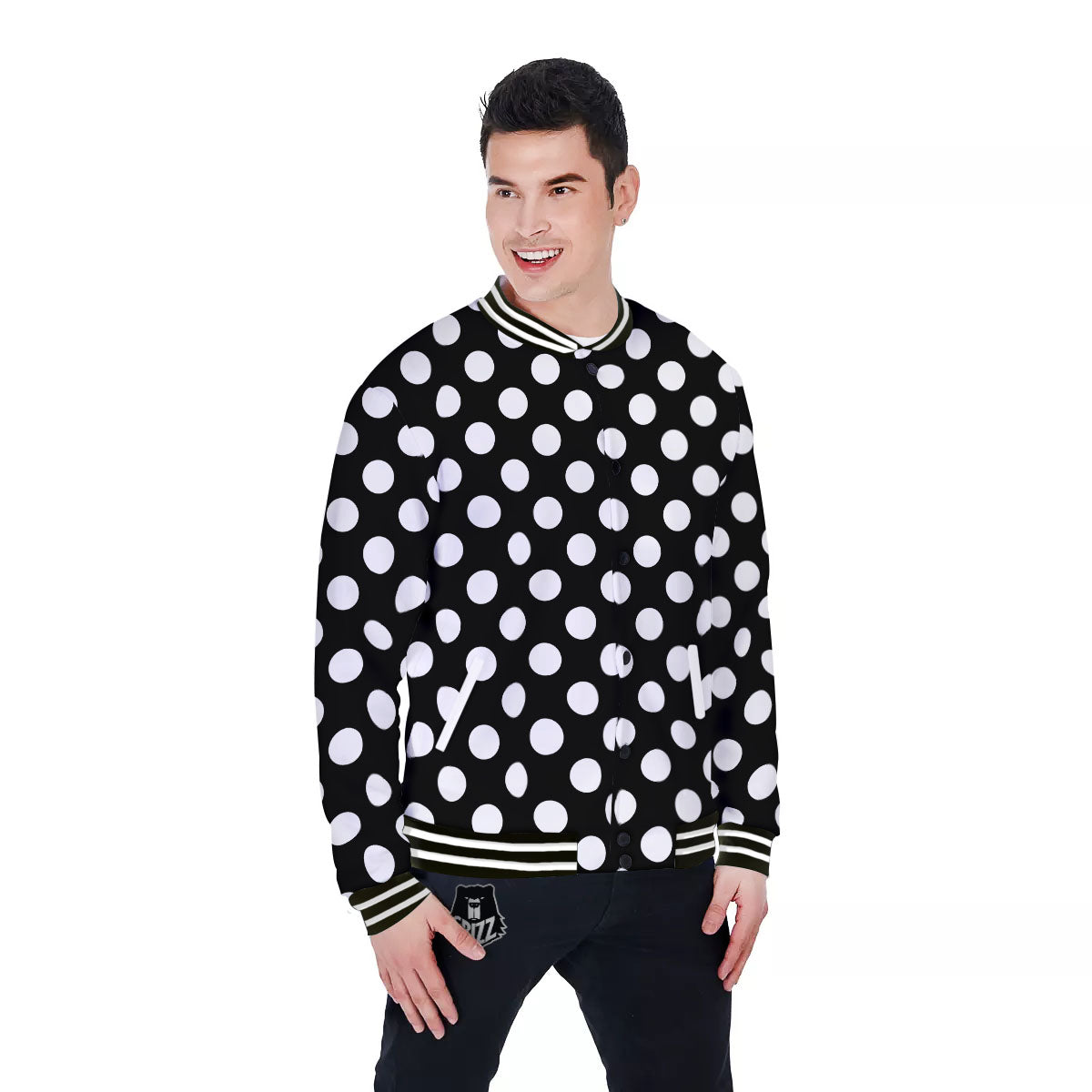 Polka Dot White And Black Print Pattern Baseball Jacket-grizzshop