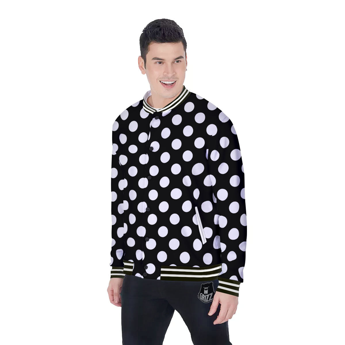 Polka Dot White And Black Print Pattern Baseball Jacket-grizzshop
