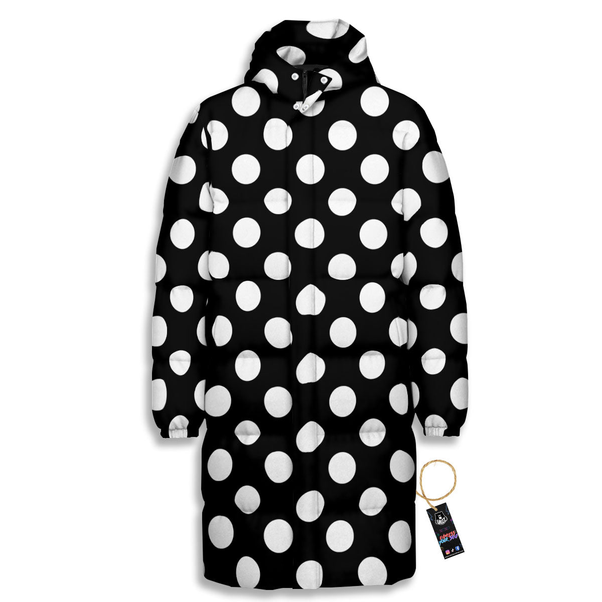 Polka Dot White And Black Print Pattern Long Down Jacket-grizzshop