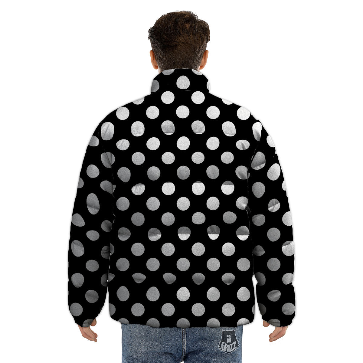 Polka Dot White And Black Print Pattern Puffer Jacket-grizzshop