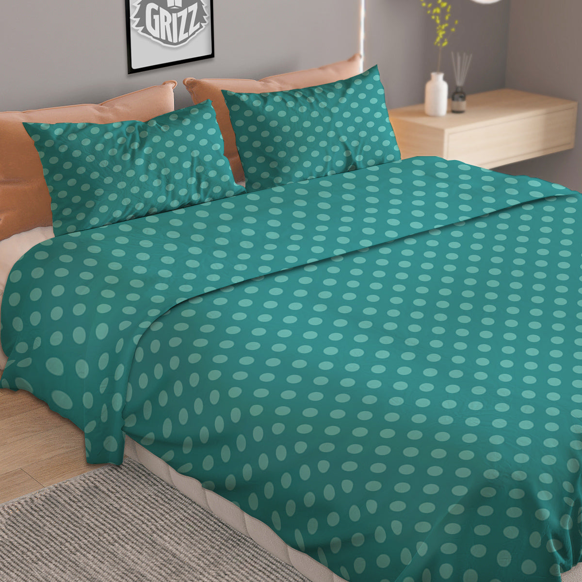 Polka Dot White And Cyan Print Pattern Duvet Cover Bedding Set