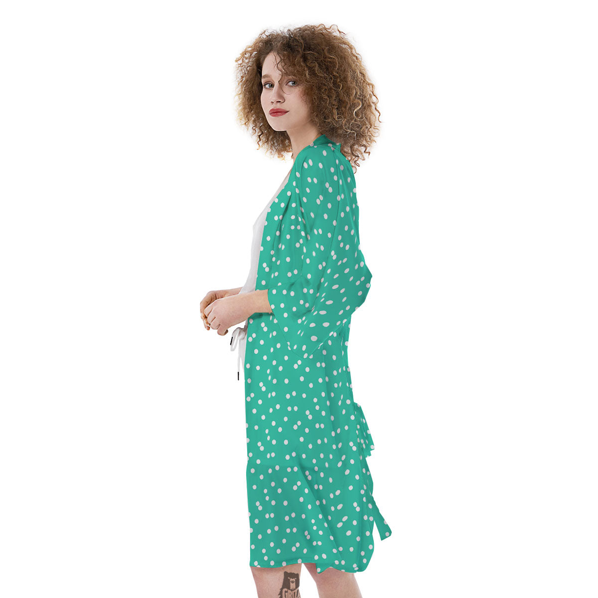 Polka Dot White And Green Print Pattern Kimono-grizzshop