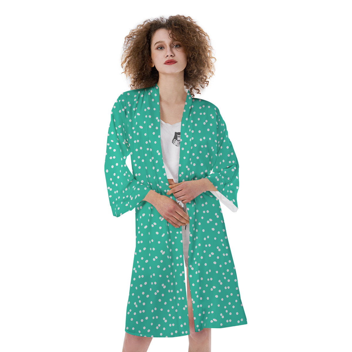 Polka Dot White And Green Print Pattern Kimono-grizzshop