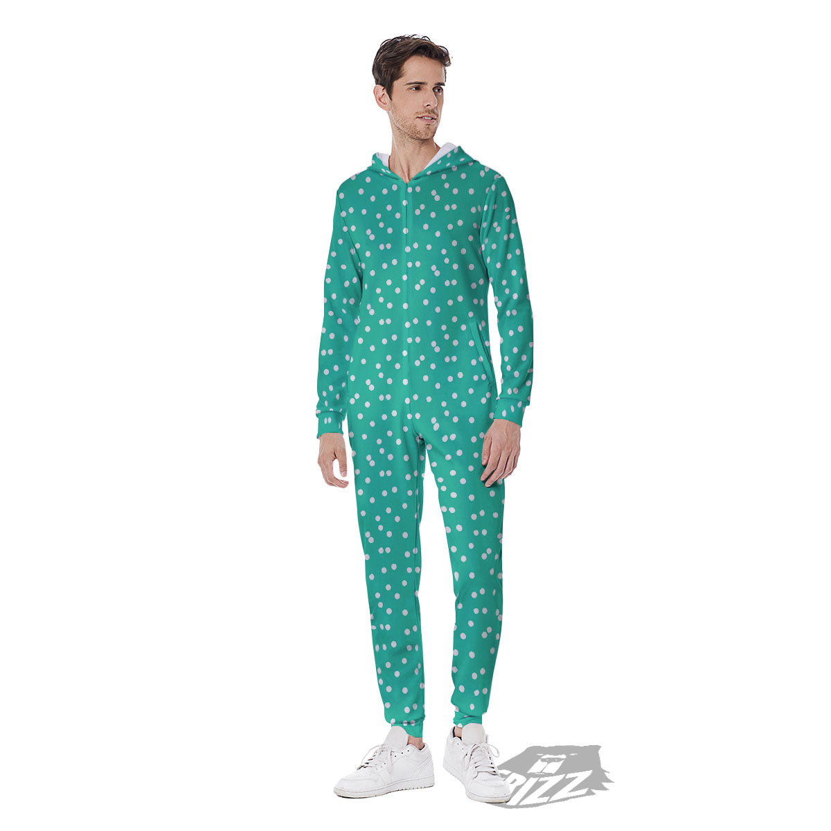 Polka Dot White And Green Print Pattern Men's Jumpsuit-grizzshop