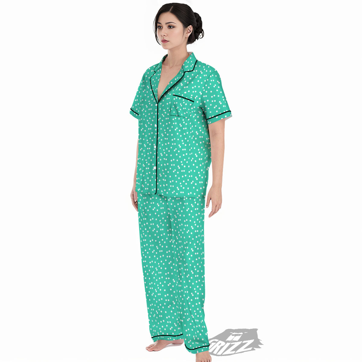 Polka Dot White And Green Print Pattern Women's Pajamas Set-grizzshop