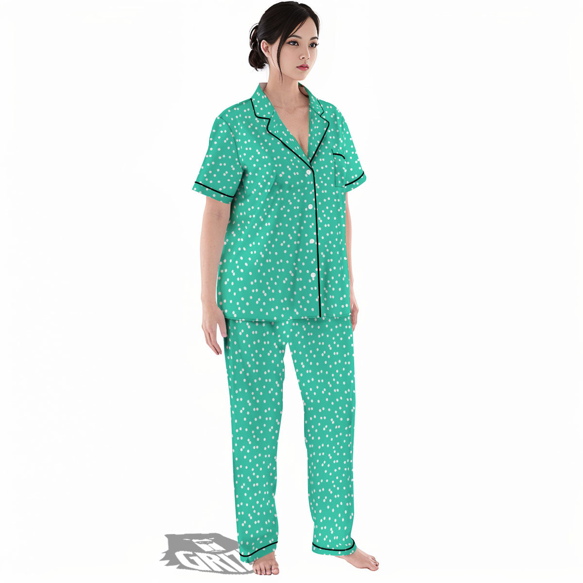 Polka Dot White And Green Print Pattern Women's Pajamas Set-grizzshop
