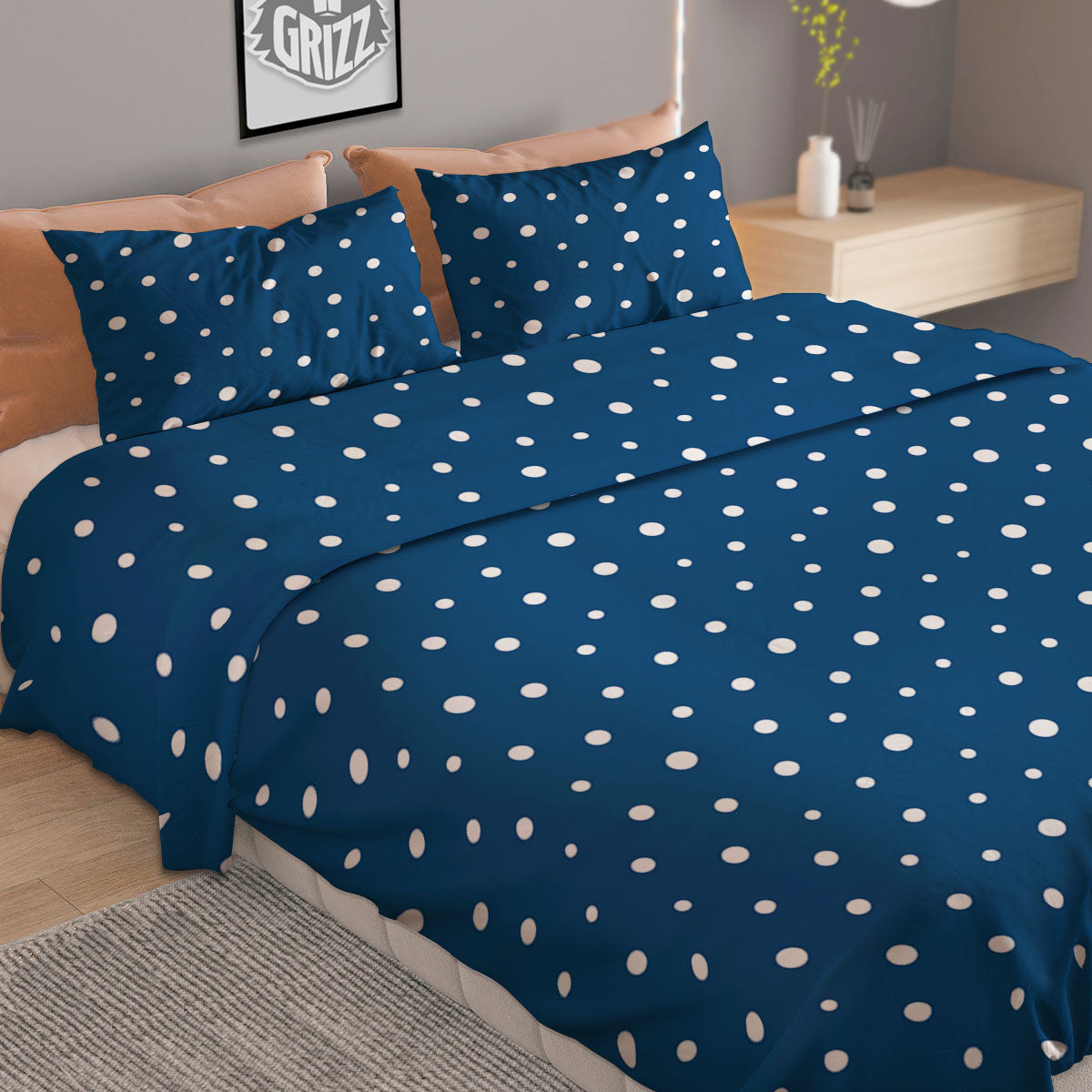 Polka Dot White And Navy Print Pattern Duvet Cover Bedding Set