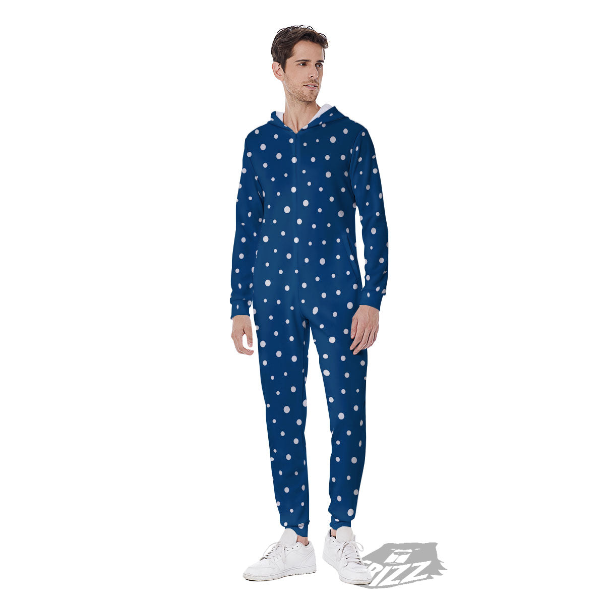 Polka Dot White And Navy Print Pattern Men's Jumpsuit-grizzshop