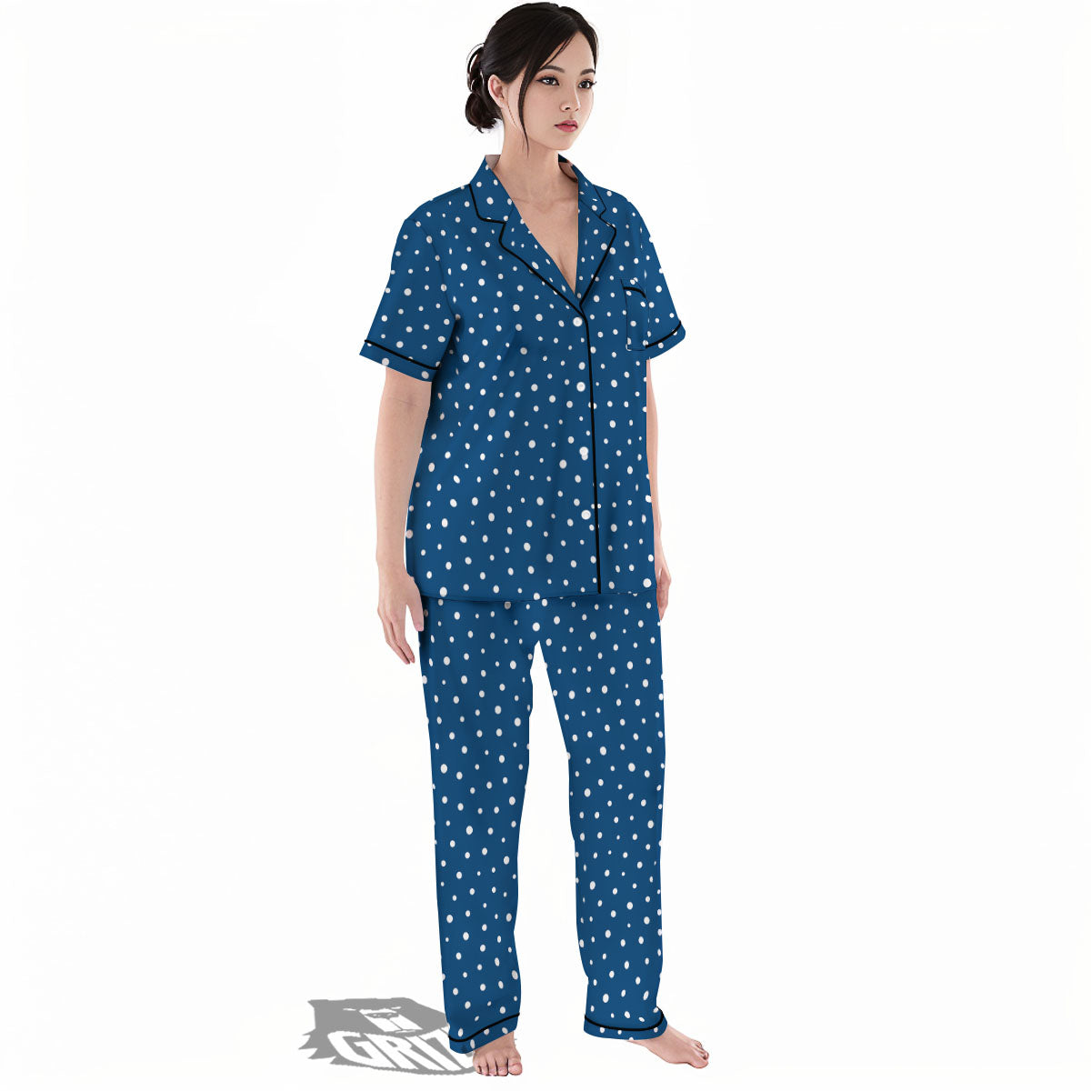 Polka Dot White And Navy Print Pattern Women's Pajamas Set-grizzshop