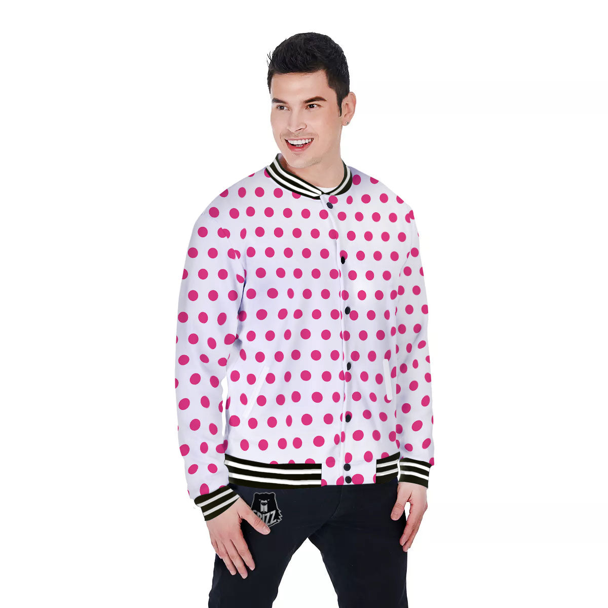 Polka Dot White And Pink Print Pattern Baseball Jacket-grizzshop