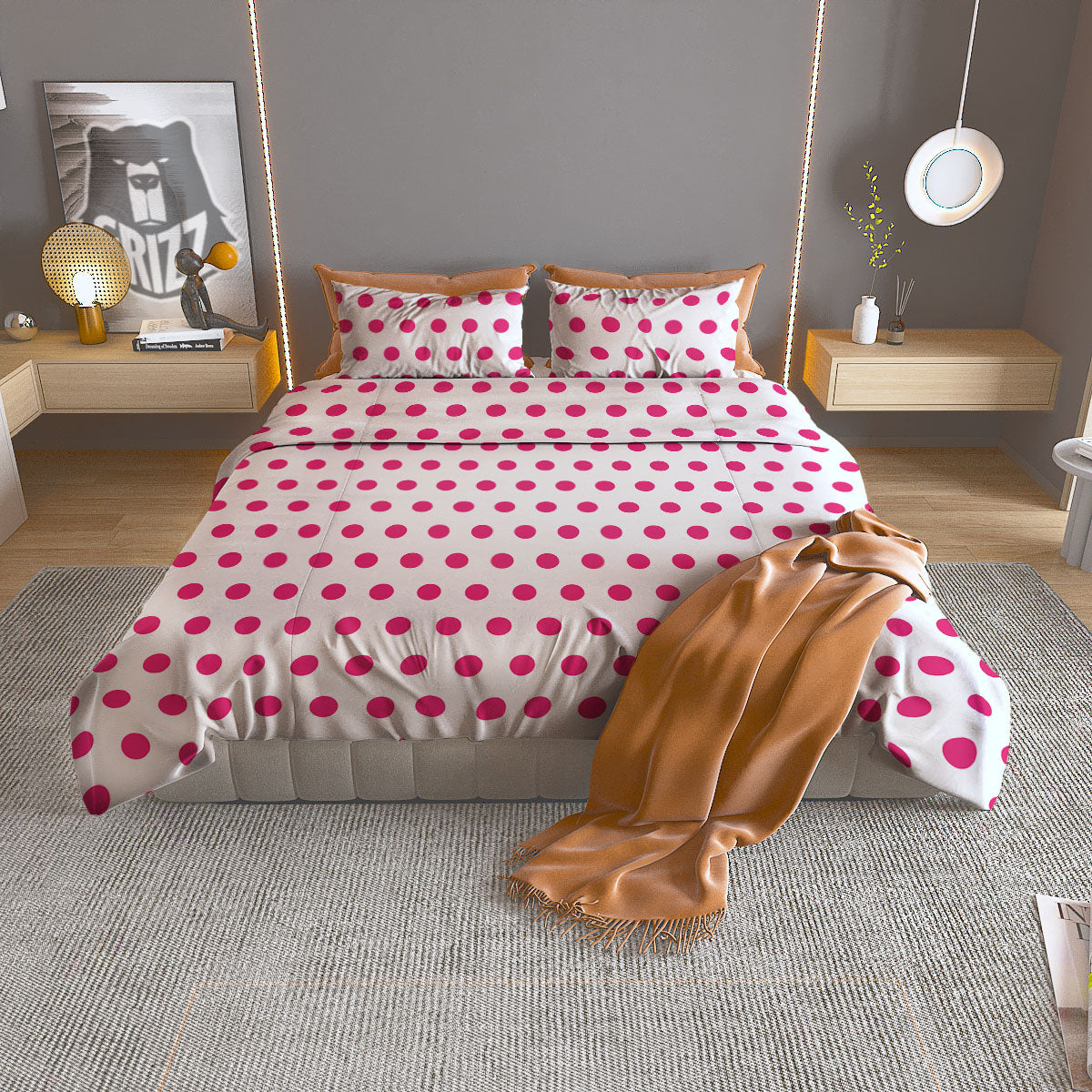 Polka Dot White And Pink Print Pattern Duvet Cover Bedding Set