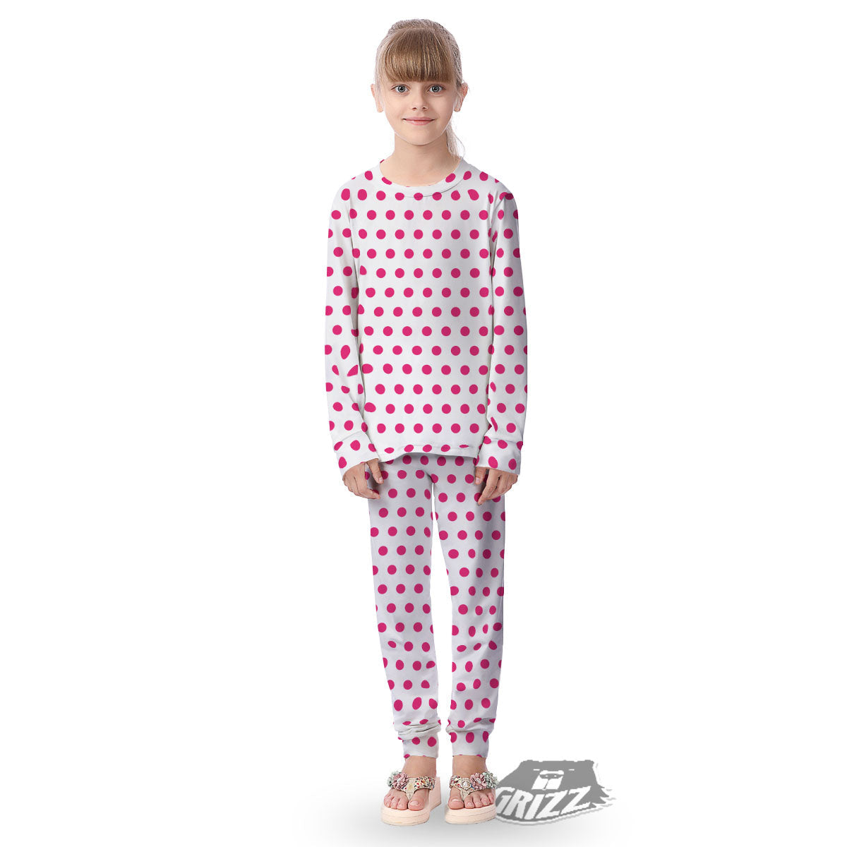 Polka Dot White And Pink Print Pattern Kid's Pajamas-grizzshop
