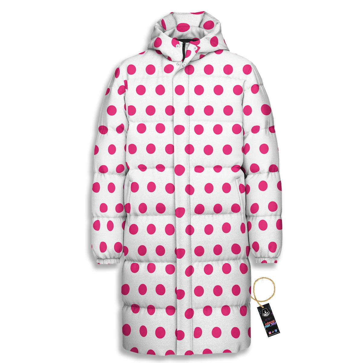 Polka Dot White And Pink Print Pattern Long Down Jacket-grizzshop