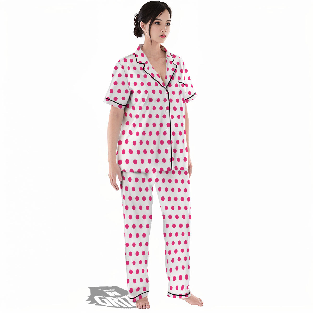 Polka Dot White And Pink Print Pattern Women's Pajamas Set-grizzshop