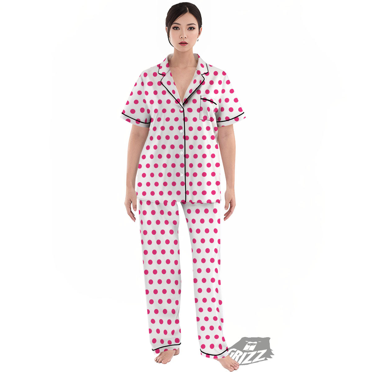 Polka Dot White And Pink Print Pattern Women's Pajamas Set-grizzshop