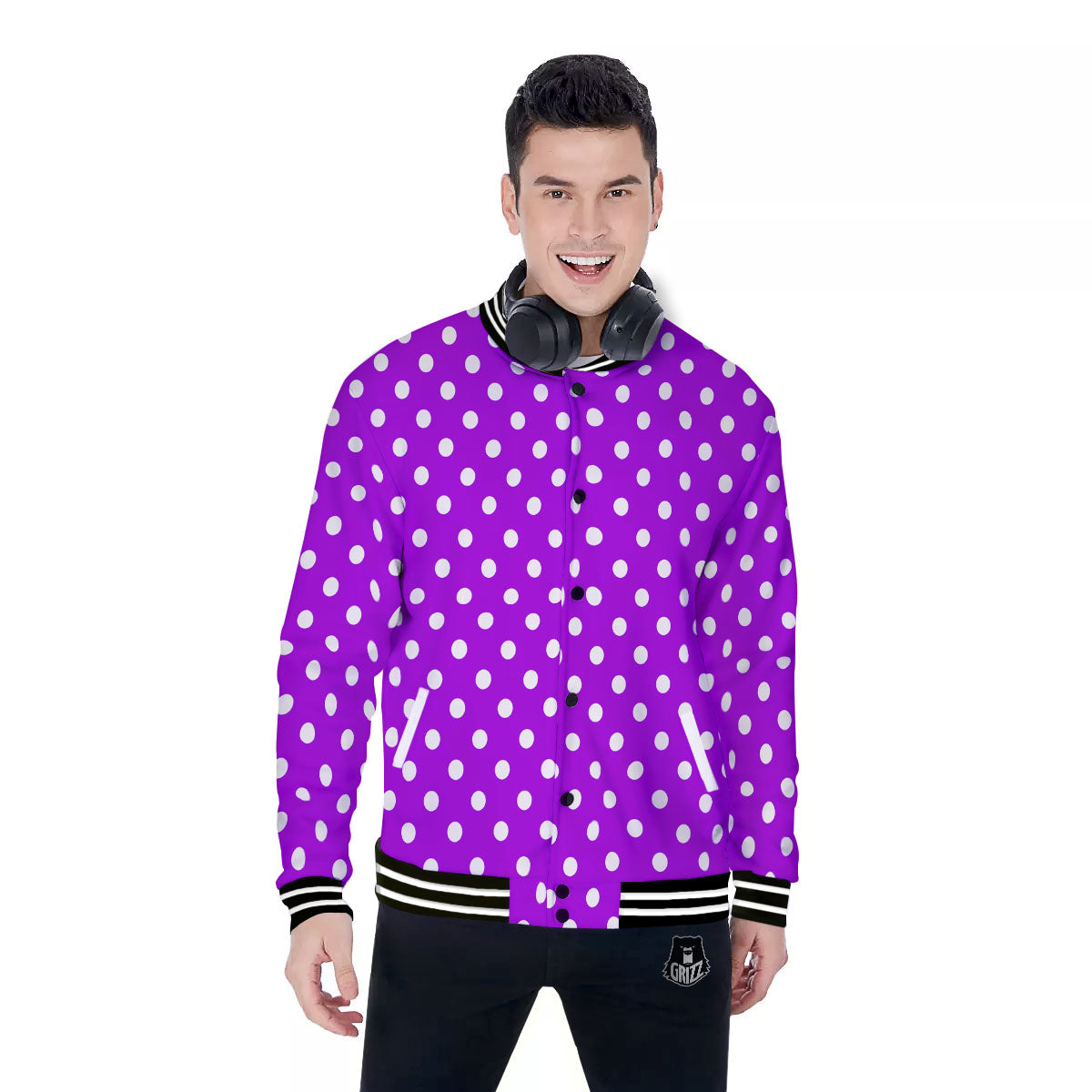 Polka Dot White And Purple Print Pattern Baseball Jacket-grizzshop