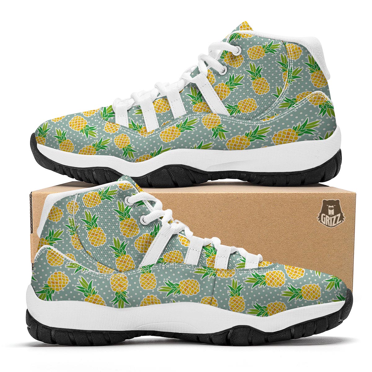 Polkadot Green Pineapple Print White Bball Shoes-grizzshop