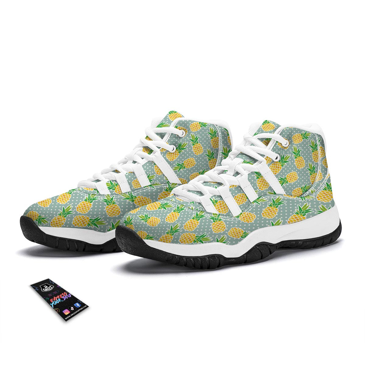 Polkadot Green Pineapple Print White Bball Shoes-grizzshop
