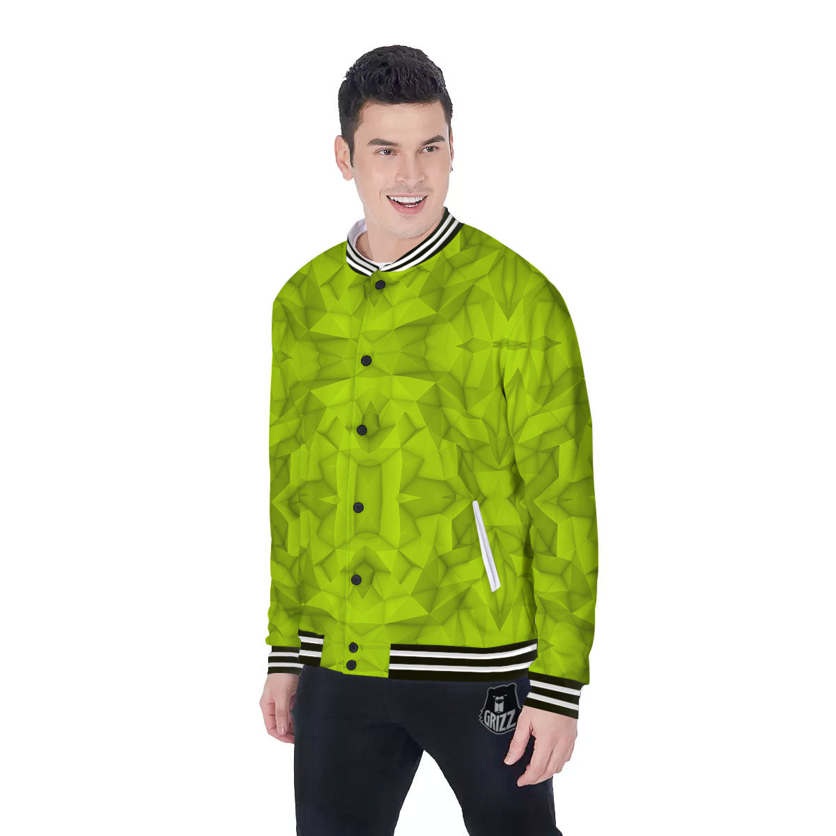 Polygonal Geometric Lime Green Print Baseball Jacket-grizzshop