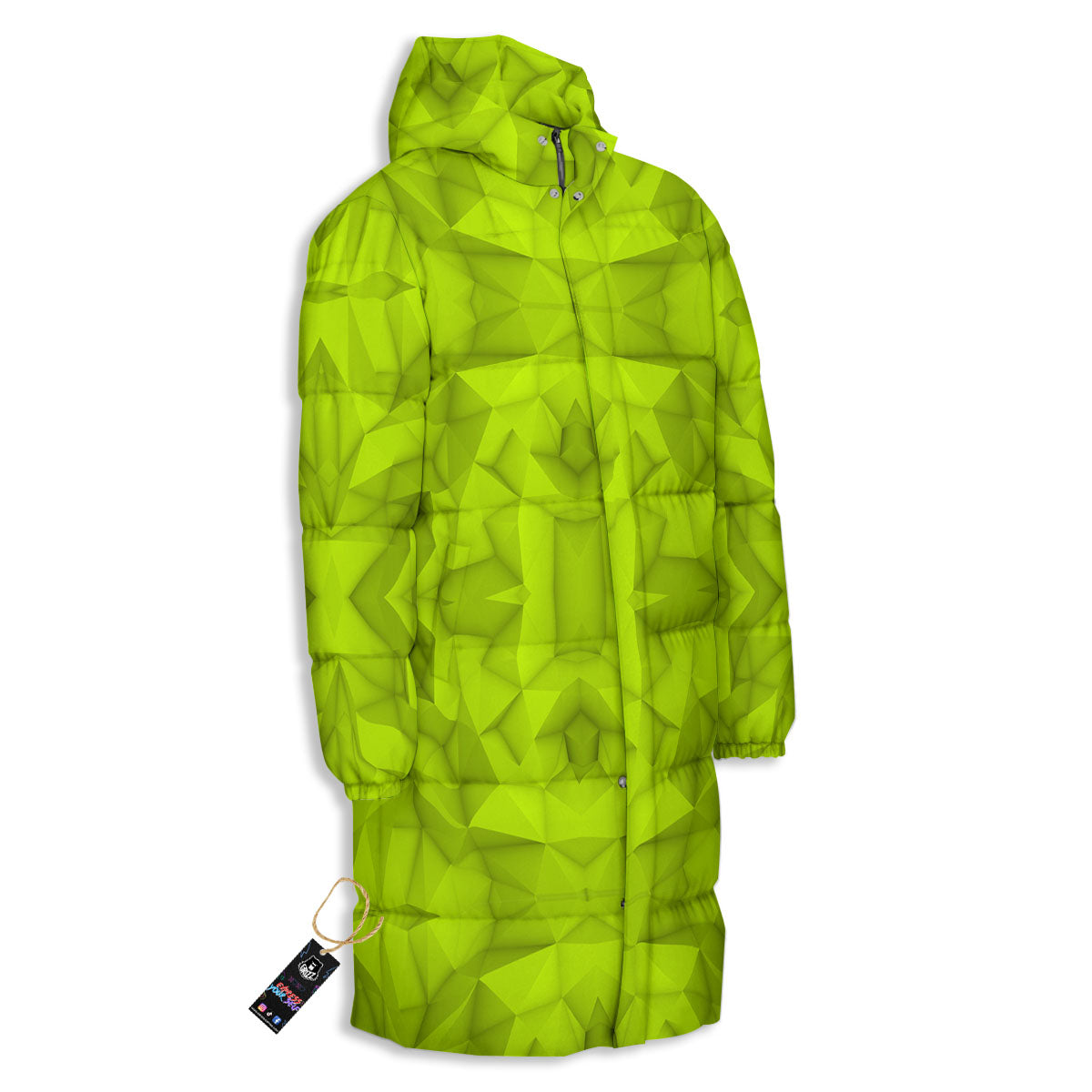 Polygonal Geometric Lime Green Print Long Down Jacket-grizzshop