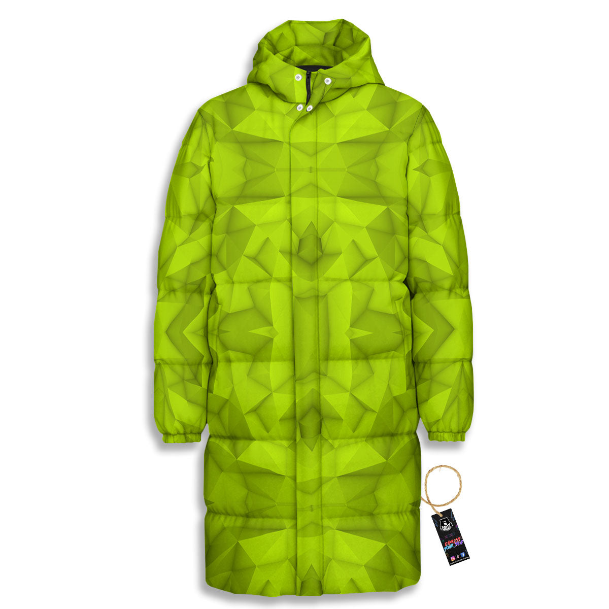 Polygonal Geometric Lime Green Print Long Down Jacket-grizzshop