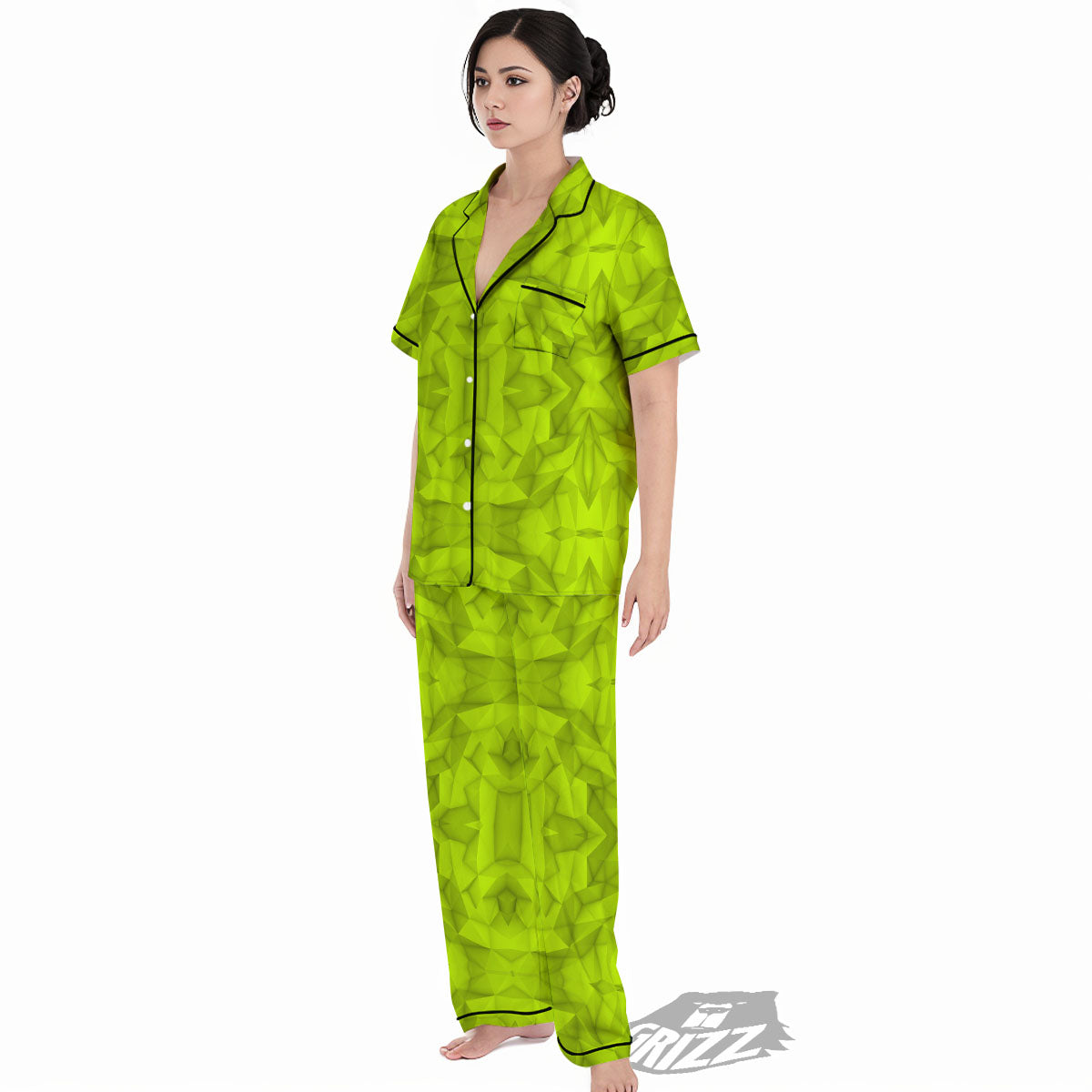 Polygonal Geometric Lime Green Print Women's Pajamas Set-grizzshop