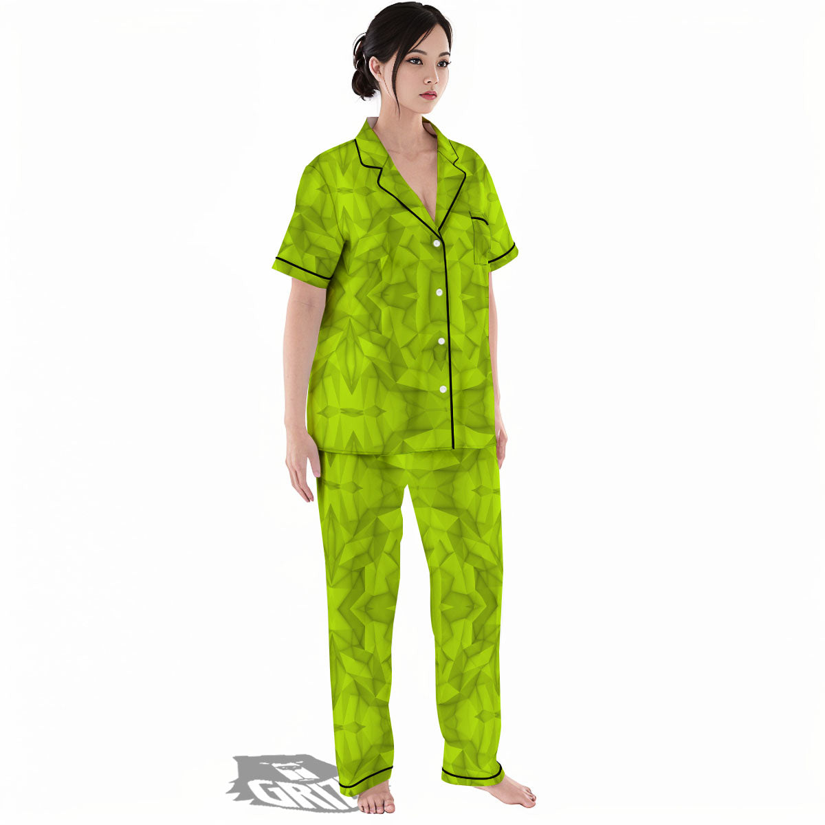 Polygonal Geometric Lime Green Print Women's Pajamas Set-grizzshop