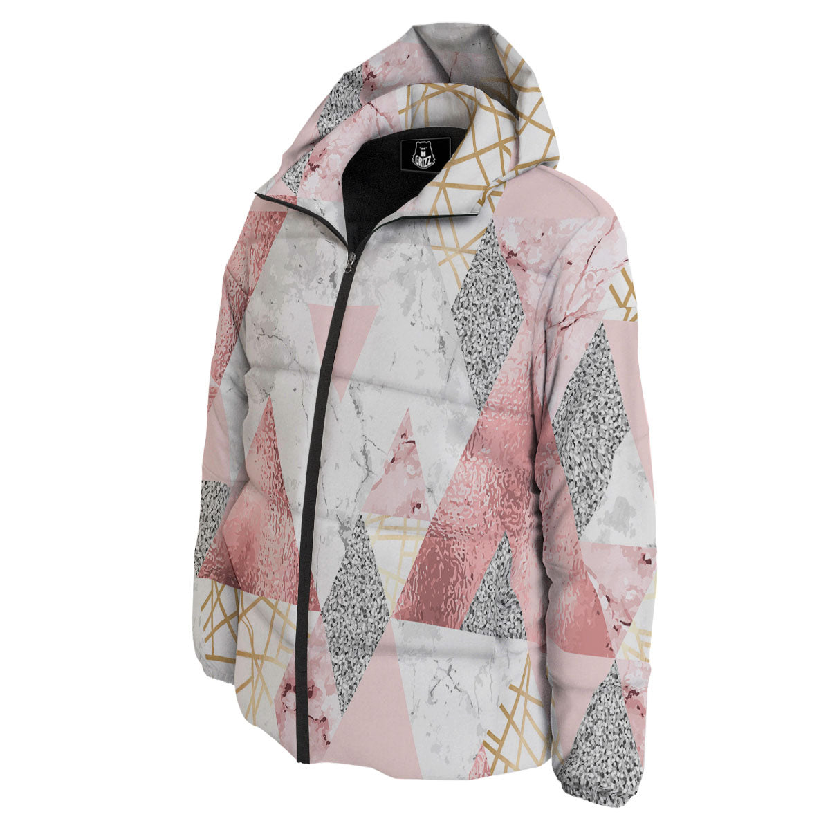 Polygonal Geometric Pink Print Down Jacket-grizzshop