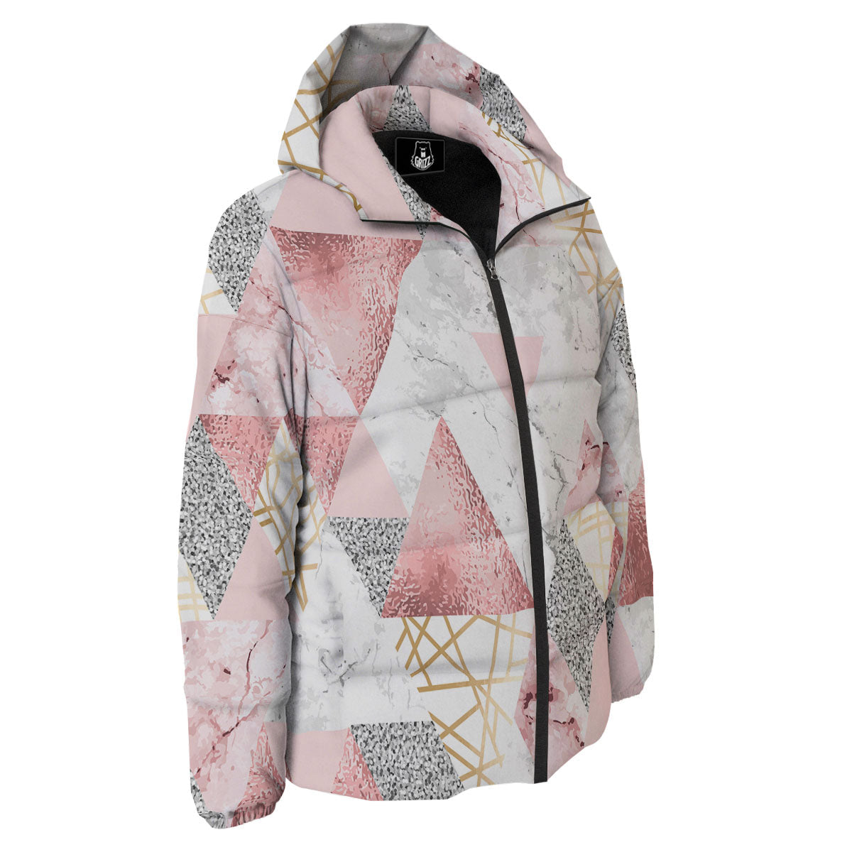 Polygonal Geometric Pink Print Down Jacket-grizzshop