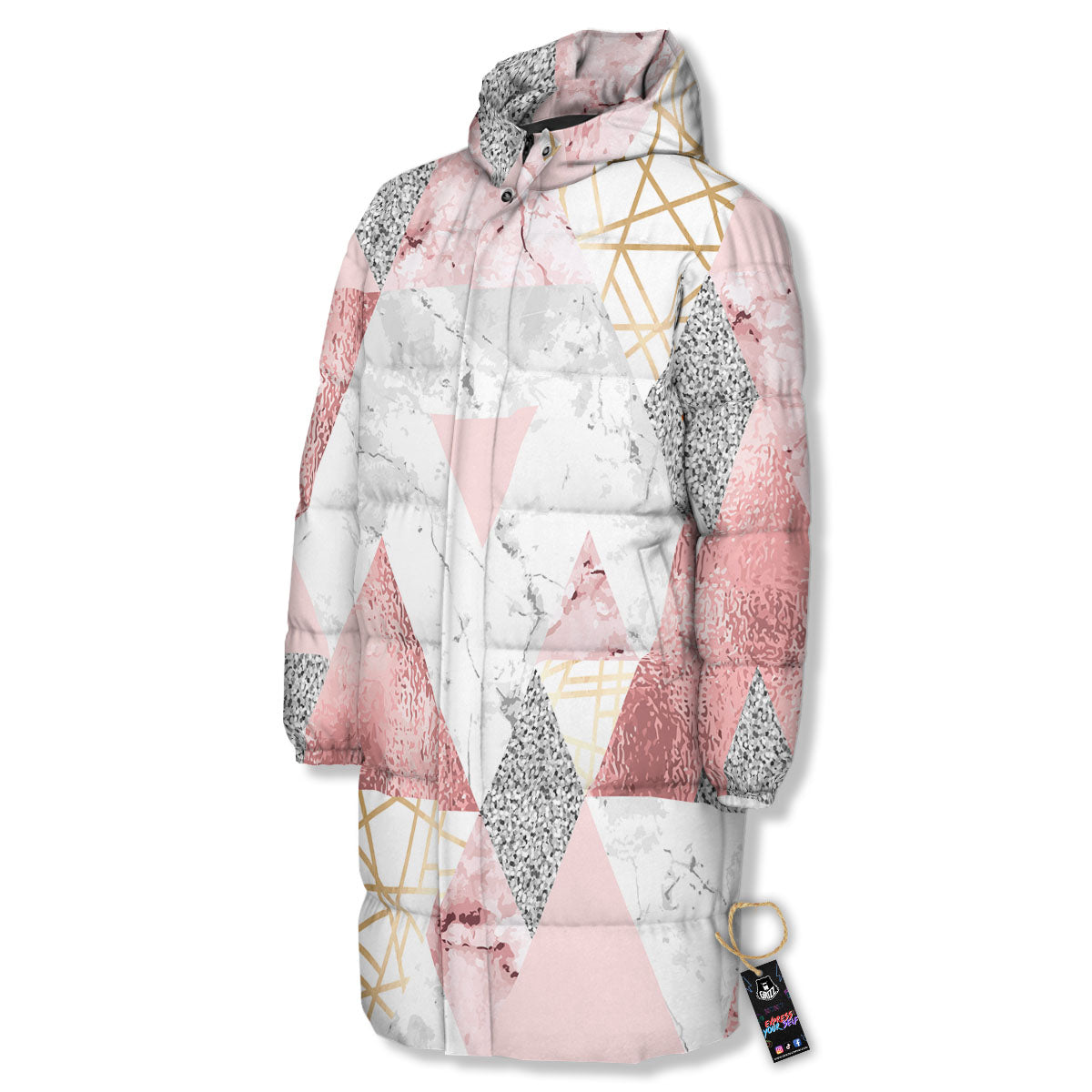 Polygonal Geometric Pink Print Long Down Jacket-grizzshop