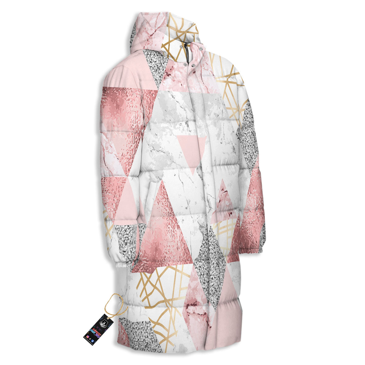Polygonal Geometric Pink Print Long Down Jacket-grizzshop