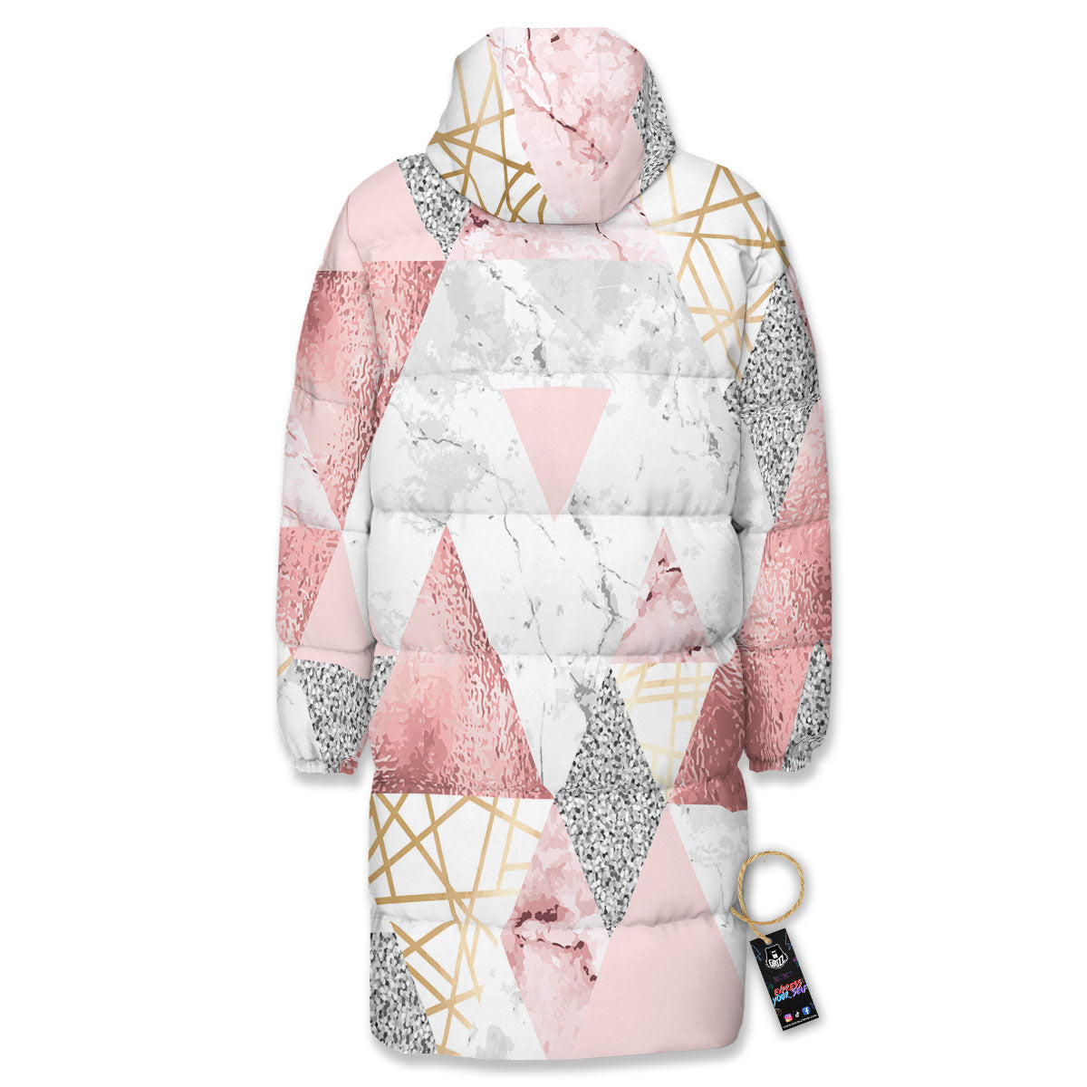 Polygonal Geometric Pink Print Long Down Jacket-grizzshop