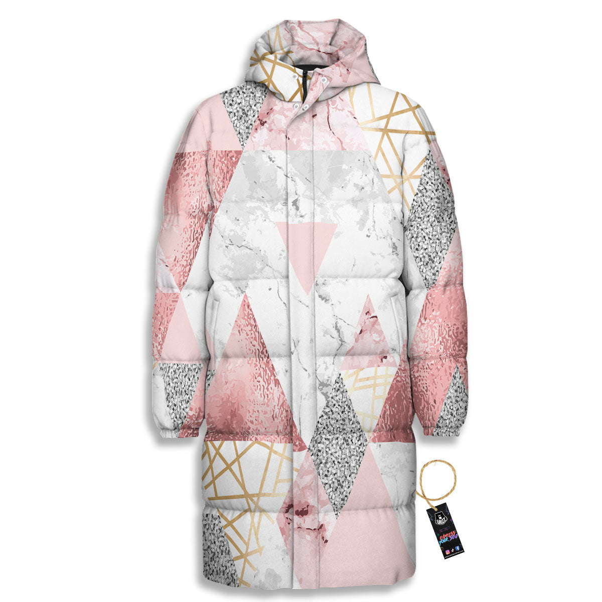 Polygonal Geometric Pink Print Long Down Jacket-grizzshop