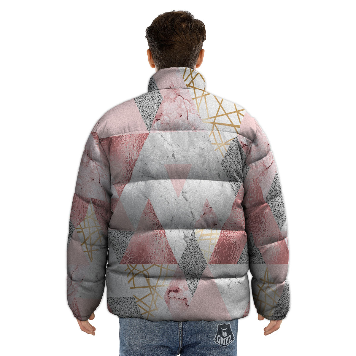Polygonal Geometric Pink Print Puffer Jacket-grizzshop